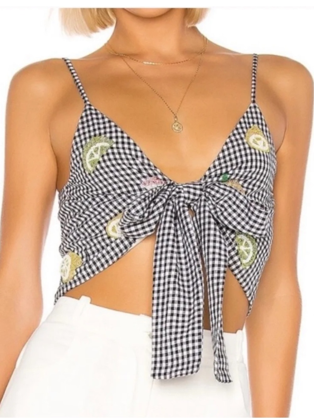 NWOT Lovers + Friends Gingham Embroidered Cropped Top